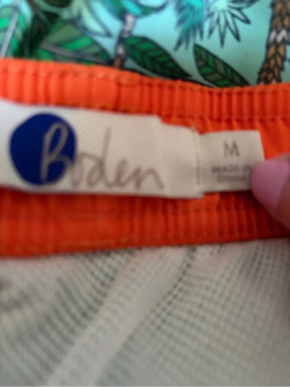 Boden Green Tropical Print Swim Trunks with Orange Waistband